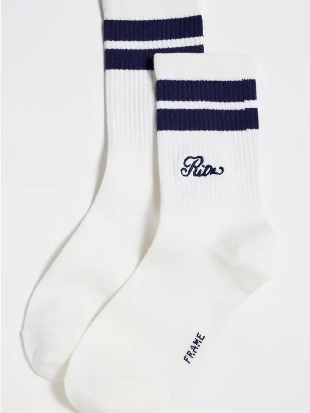 Frame Ritz Paris White Crew Socks with Navy Stripes